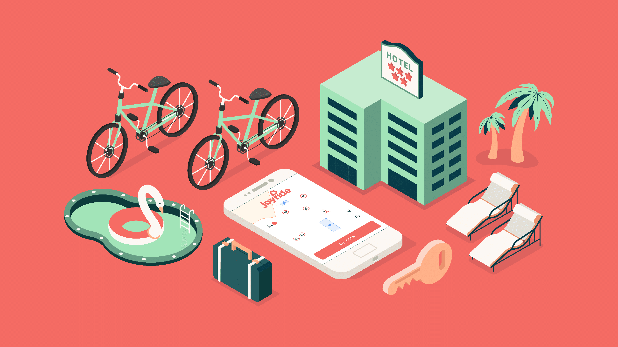 illustration of isometric objects relating scooter and bike sharing to hotels