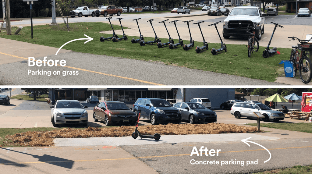 Before and after installing a concrete parking pad for e-scooters