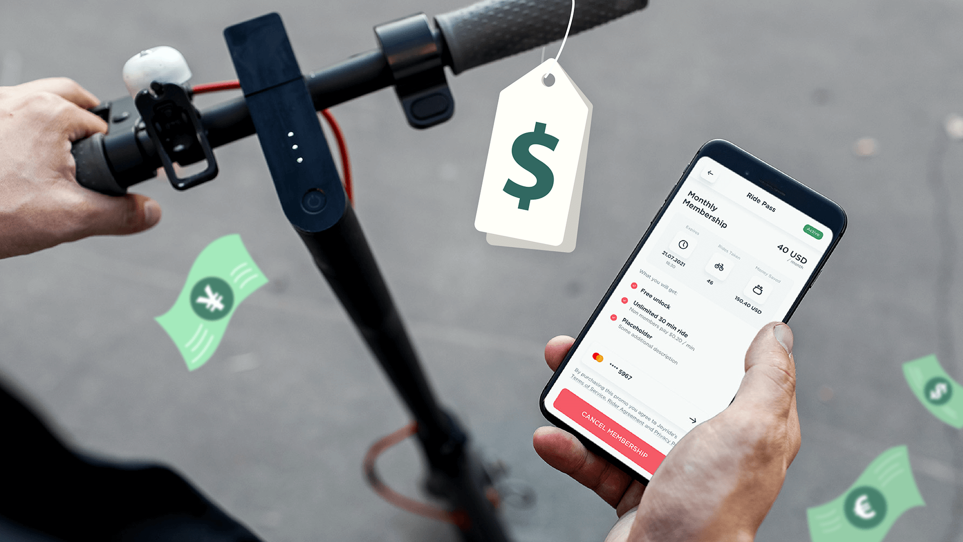 e-scooter with price tag and mobile rider app with illustrations of money micromobility pricing