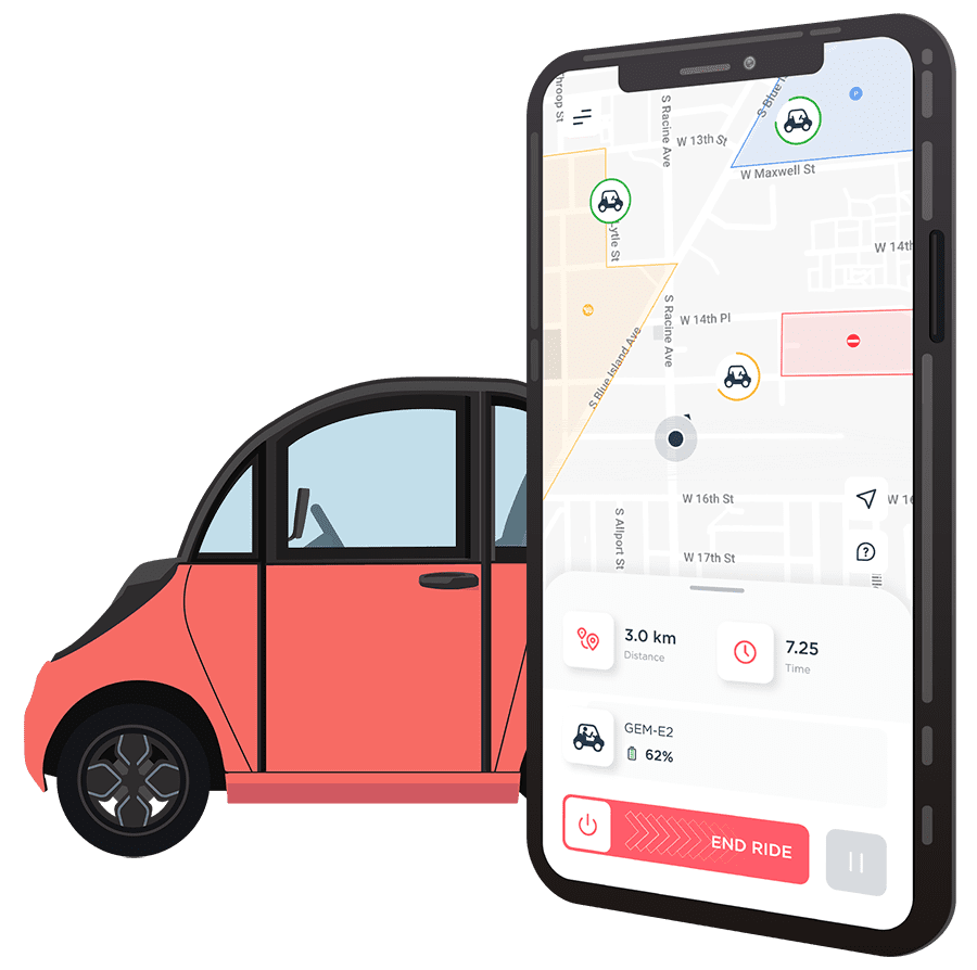 GEM low-speed vehicle with a smartphone displaying the Joyride shared mobility app
