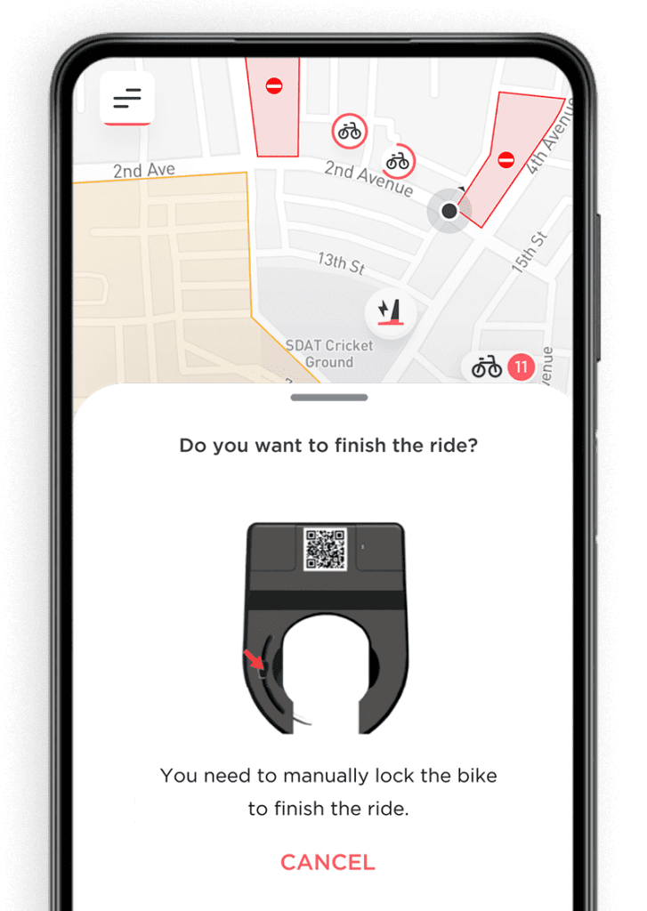 smartphone with joyride app screenshot prompting user to use a bike lock