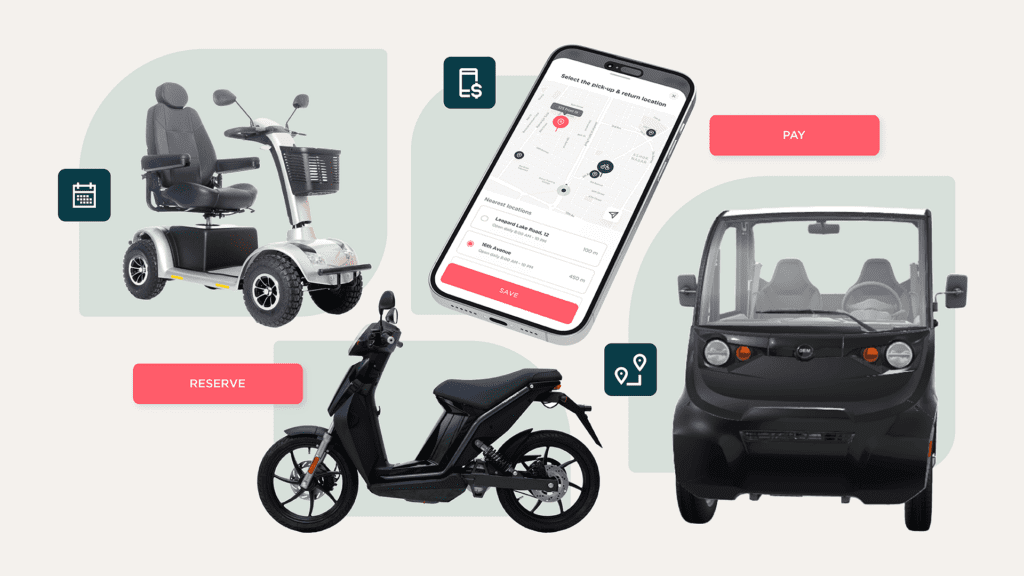 mobility scooter e-moped mini lsv Joyride vehicle rental software on smartphone