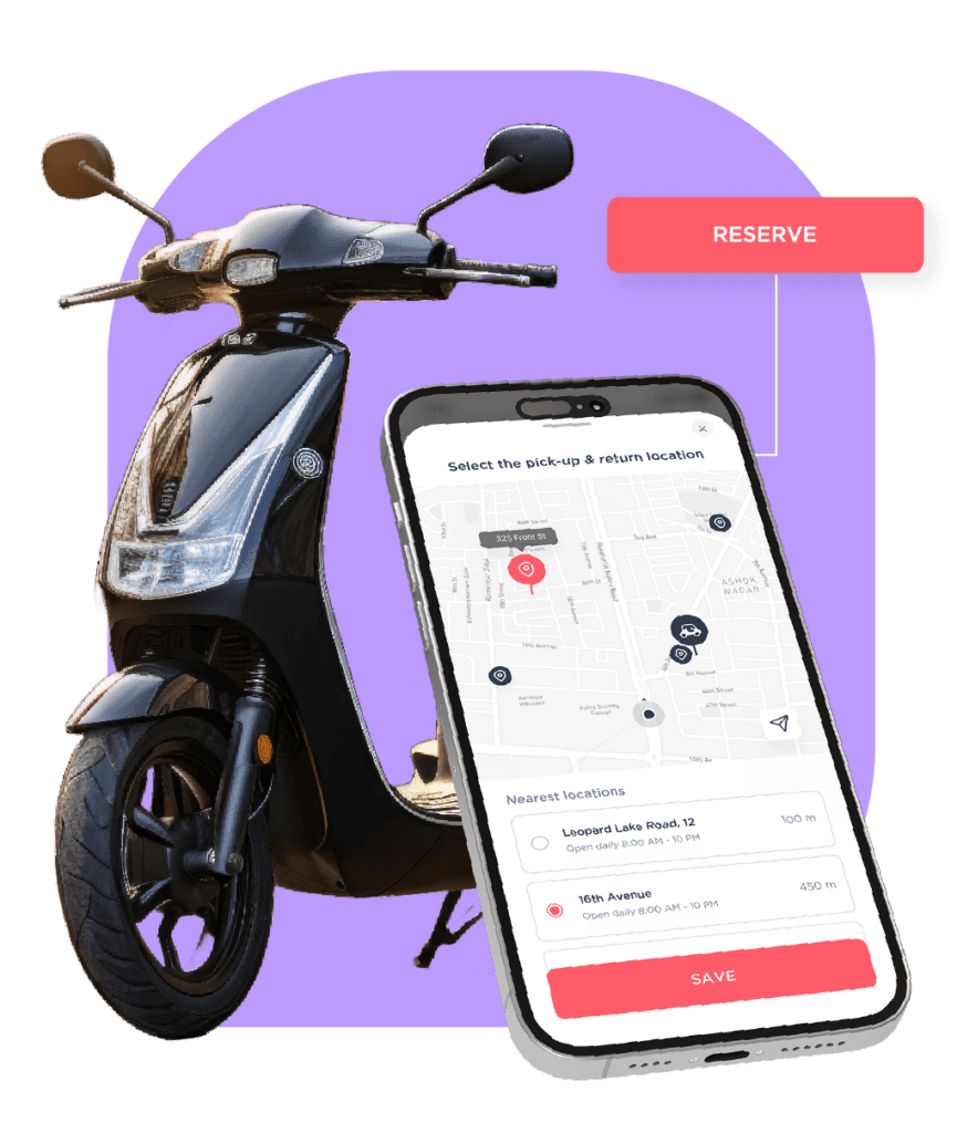 e-moped with Joyride vehicle rental app on smartphone