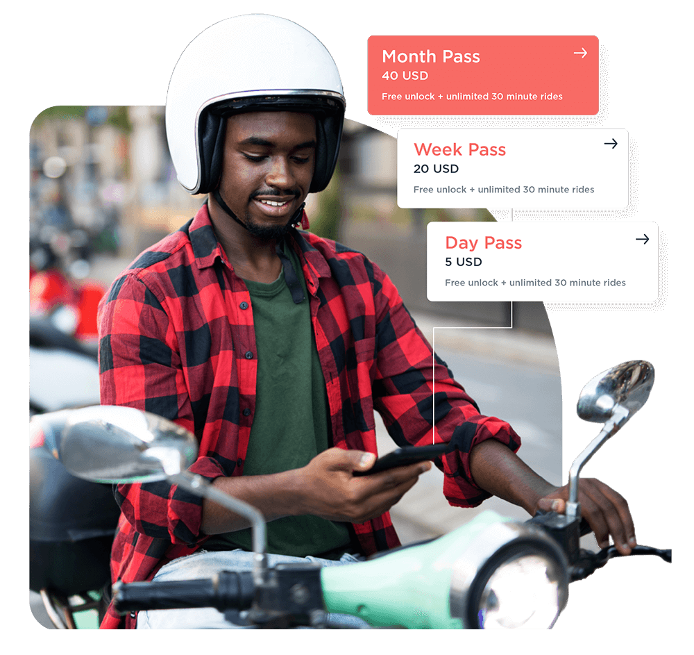 man using smartphone app to pay for a moped subscription service