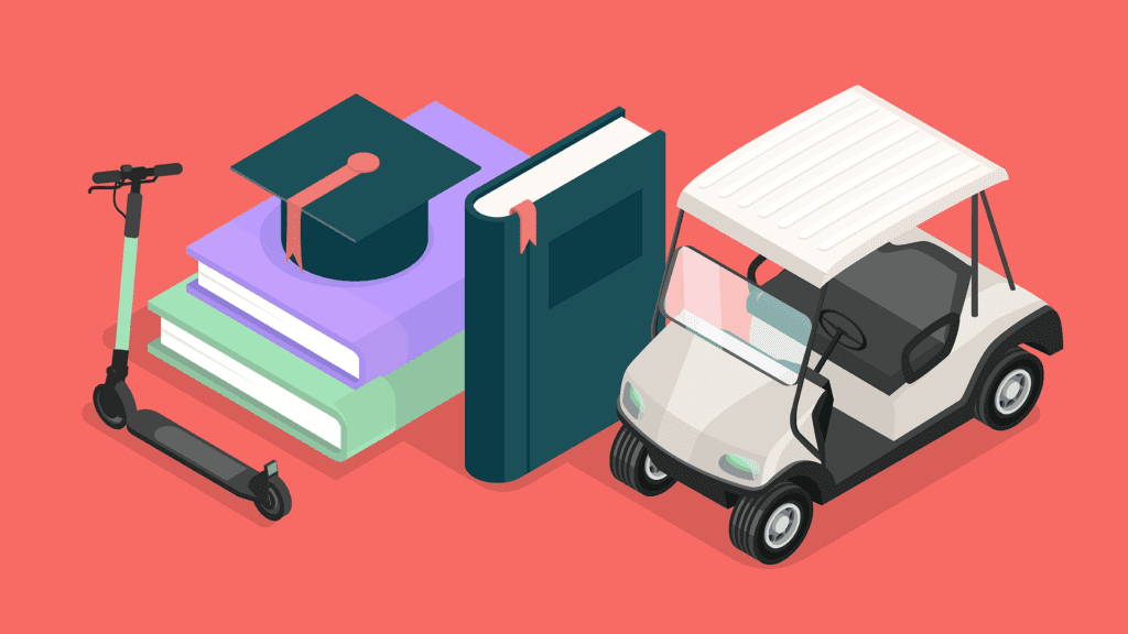 campus shared mobilty represented by an illustrated minicar graduation cap scooter and stack of books
