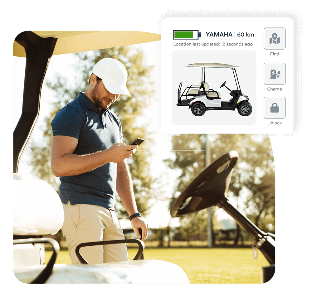 man standing next to a golf cart looking at a smartphone displaying vehicle specs