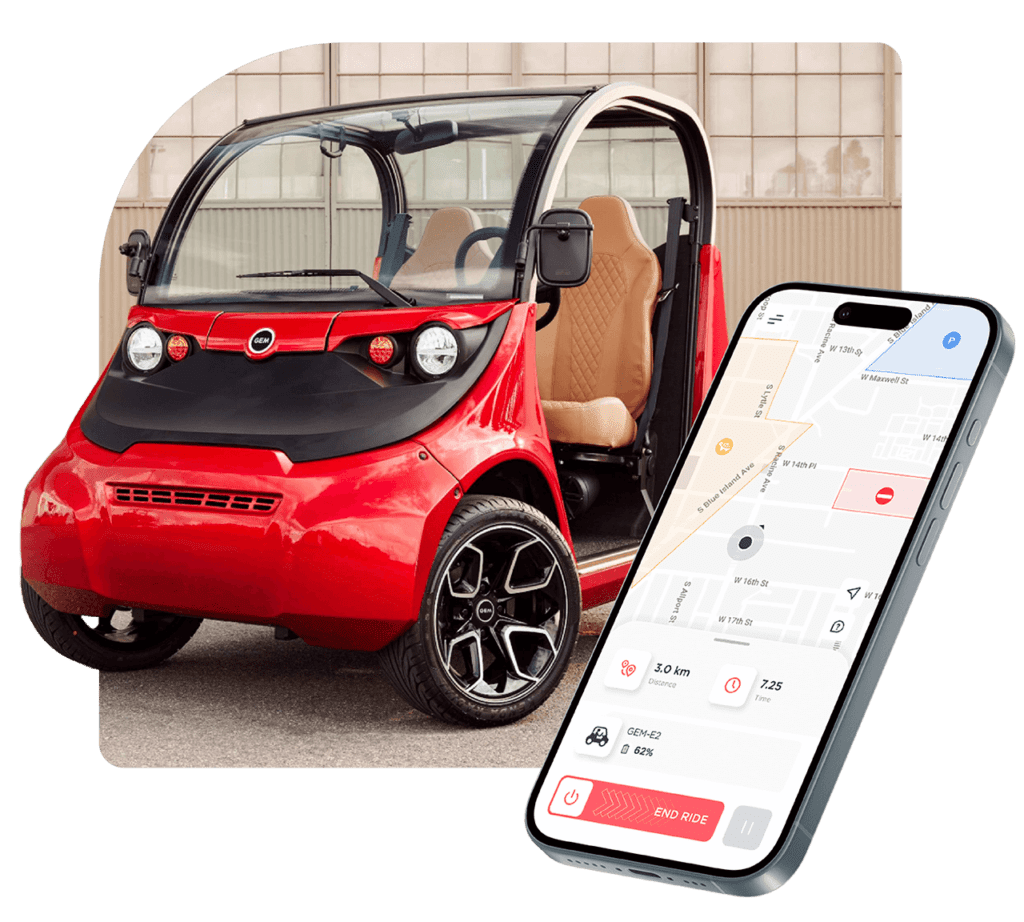 red Gem e2 low speed vehicle with Joyride Rider App on an iphone