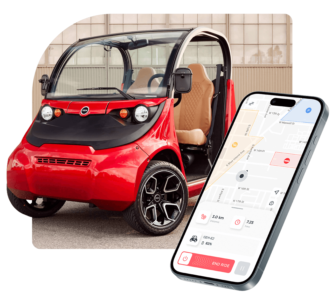 red Gem e2 low speed vehicle with Joyride Rider App on an iphone