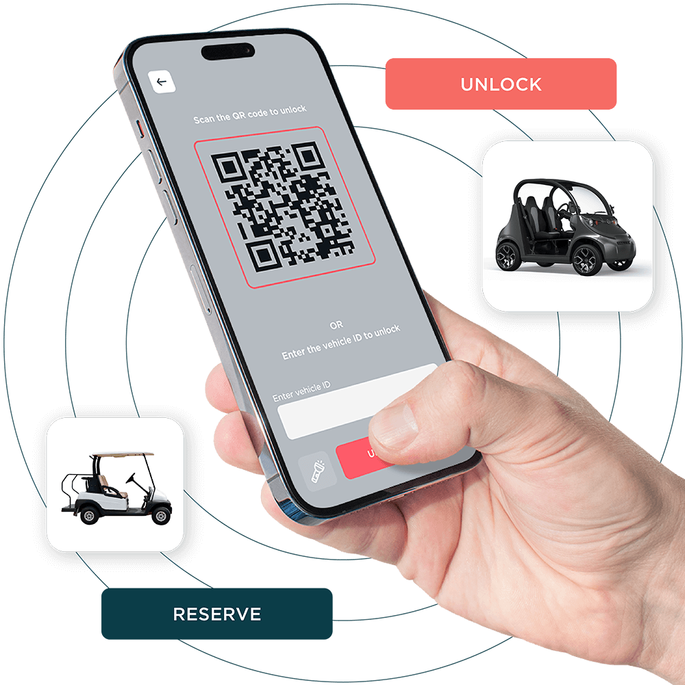 smartphone scanning QR code to reserve or unlock as shareable electric vehicle