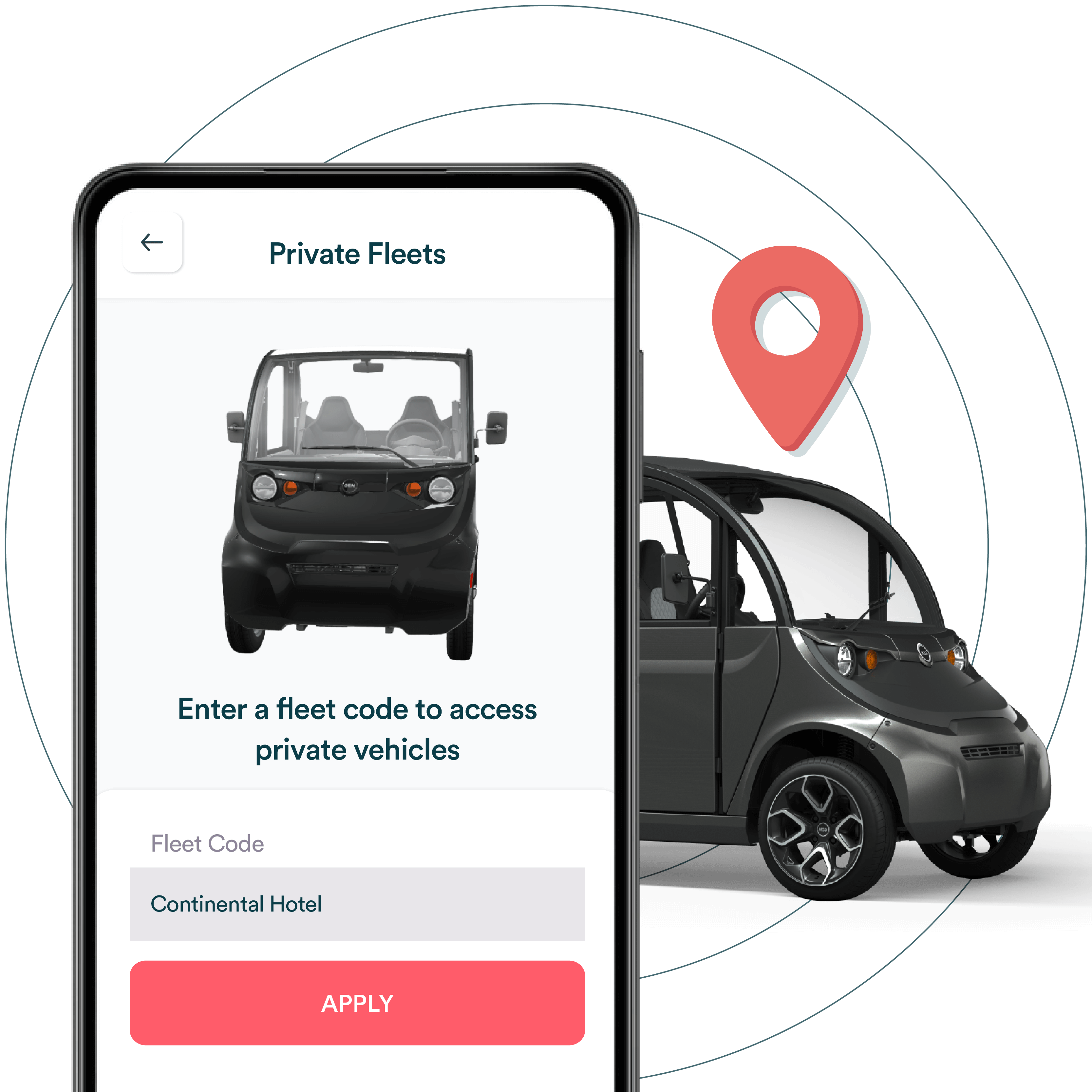 Joyride private fleet rental app with gem e2 vehicle and location pin