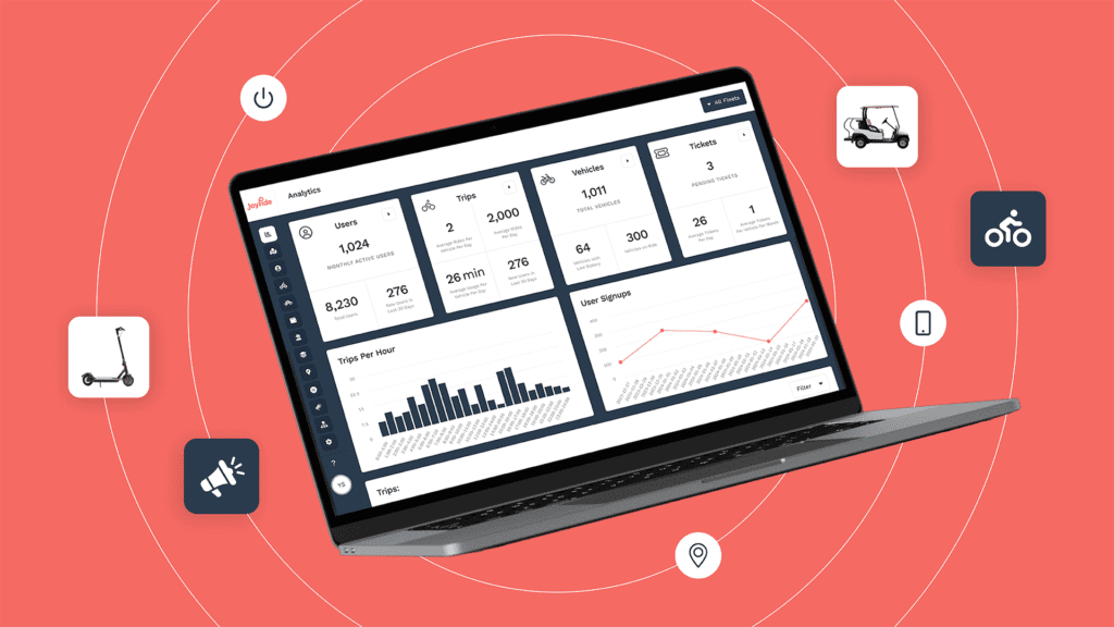 joyride fleet management dashboard on a laptop surrounded by icons related to micromobility