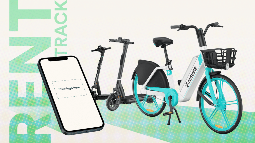 electric scooters and bike for rental business next to a smartphone screen that says your logo here