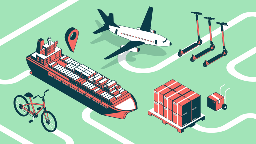 illustrated elements representing the micro mobility supply chain bike scooter fleet ship plane