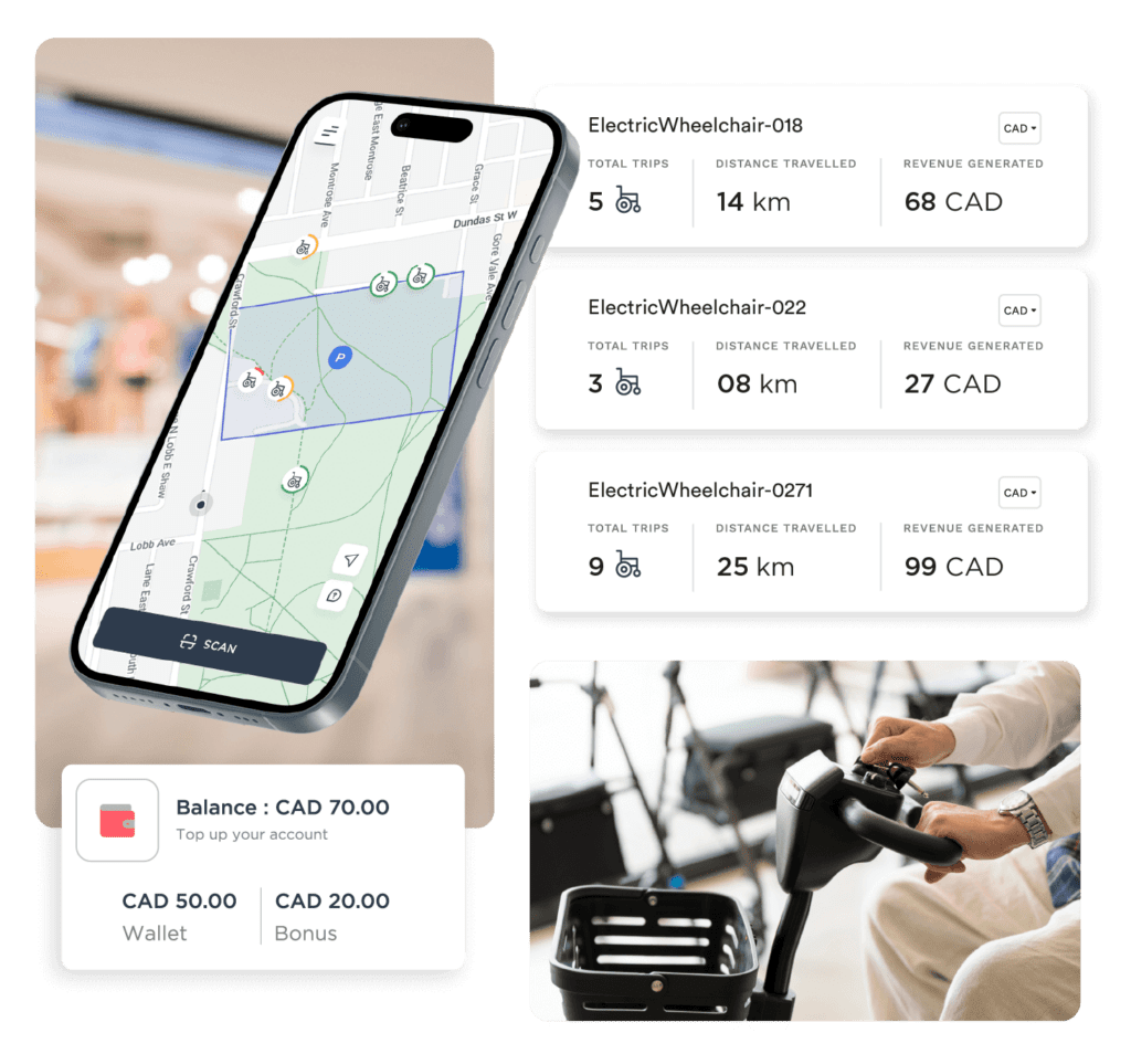 electric wheelchair rental app vehicle details and payment widgets