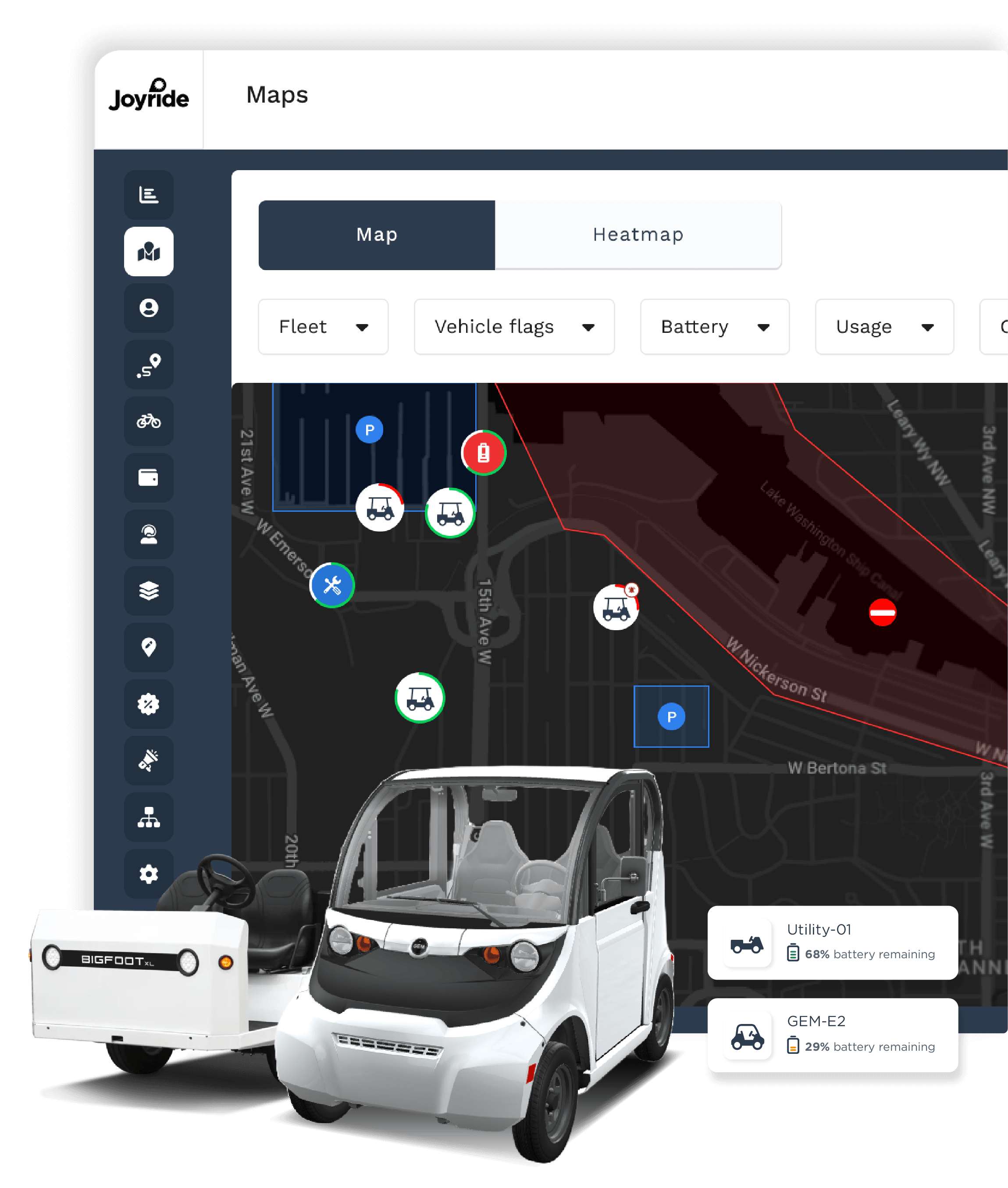 gem taylor dunn vehicles and joyride fleet management dashboard map screen with geofences and vehicle tracking icons