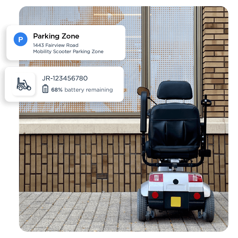 mobility scooter parked outside with software widgets of parking zone and battery level