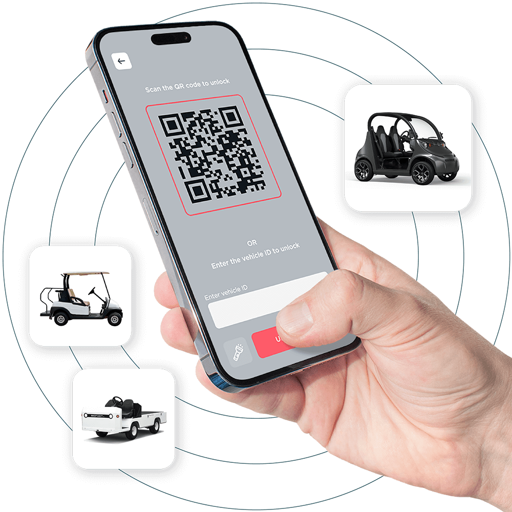 smartphone with keyless vehicle management app surrounded by gem lsv golf cart taylor dunn vehicles