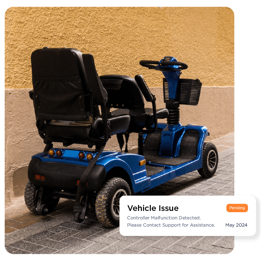 mobility scooter parked outside with software widget display an support request