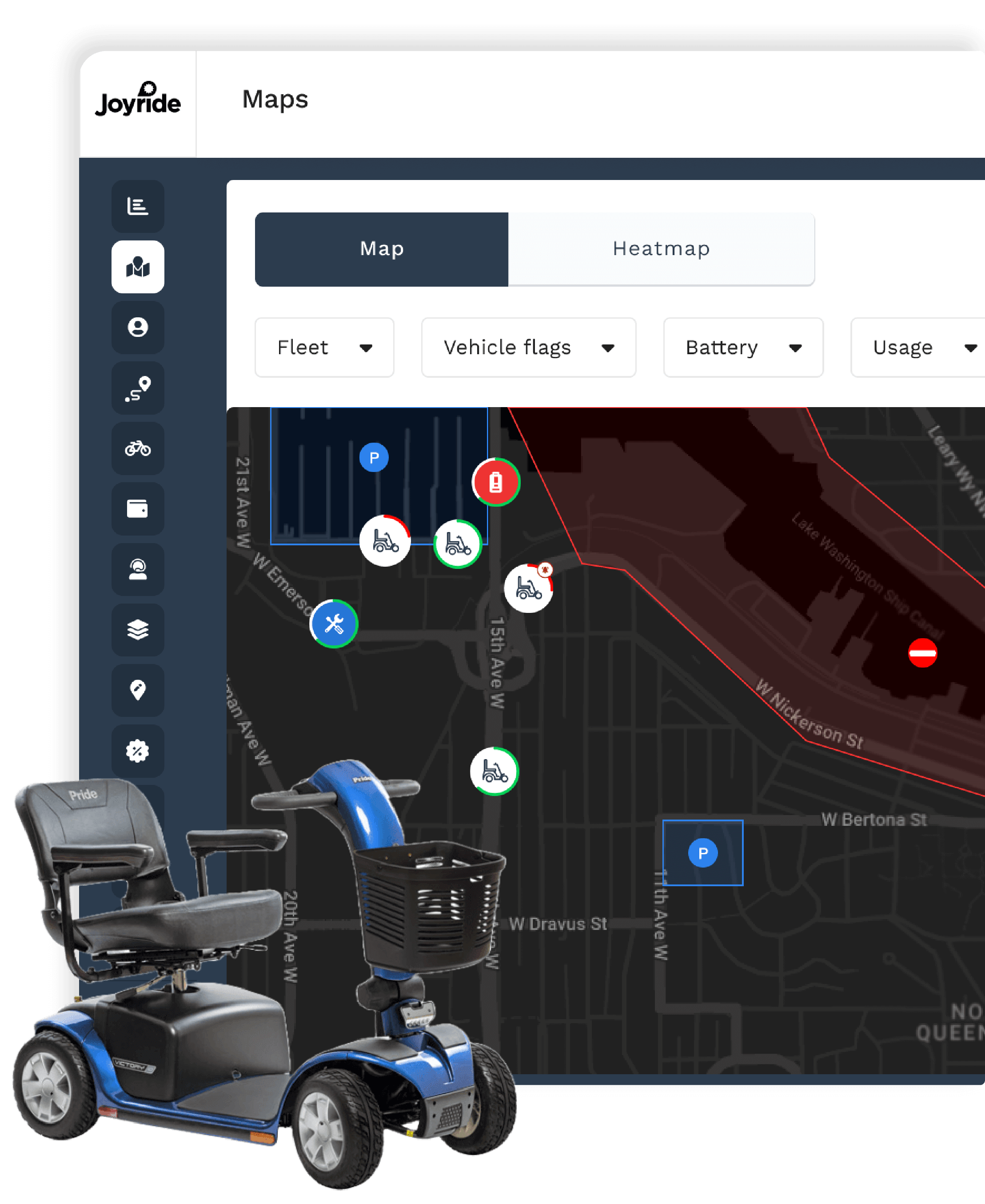 mobility scooter map on joyride fleet management dashboard