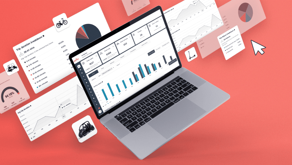 Joyride advanced analytics tools floating next to the fleet management dashboard on a laptop