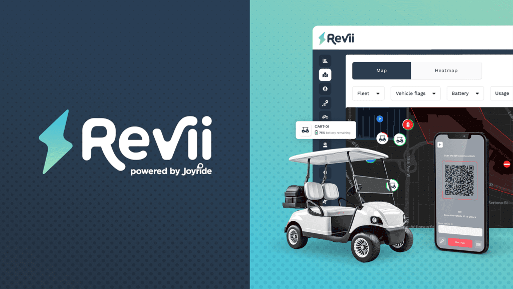 Revii powered by Joyride dashboard connected golf cart and qr code scanner on smartphone