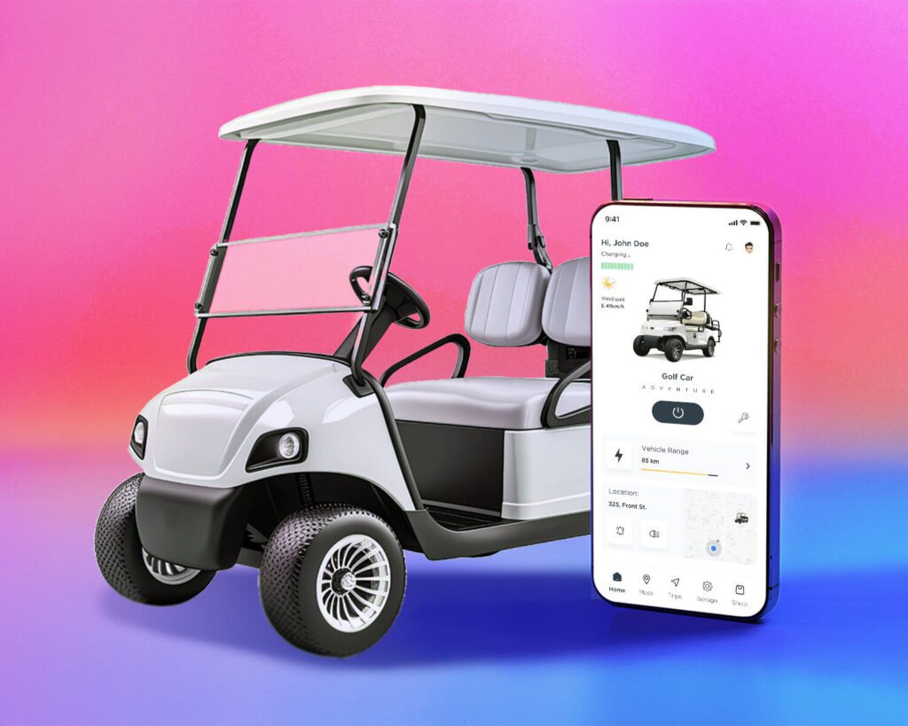 golf cart on colorful background next to Joyride vehicle app