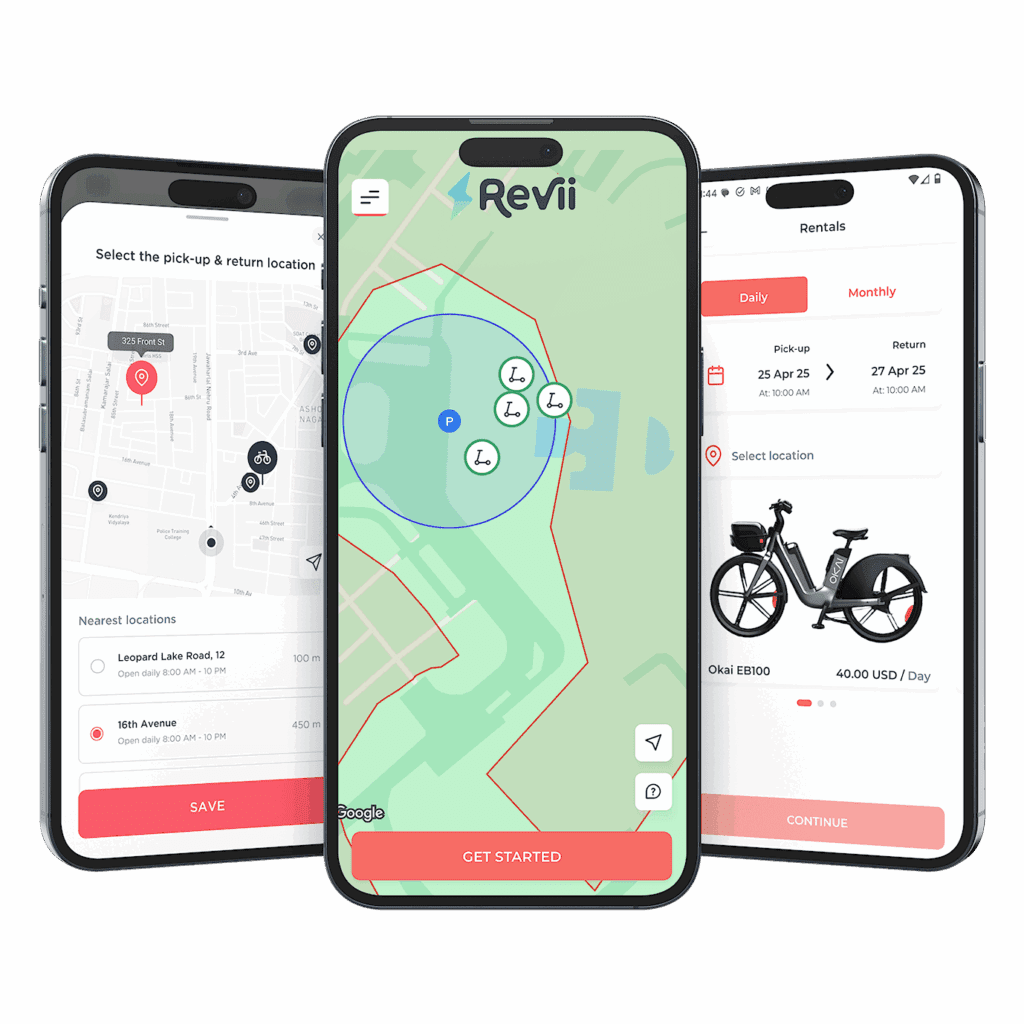 revii bike rental app screens