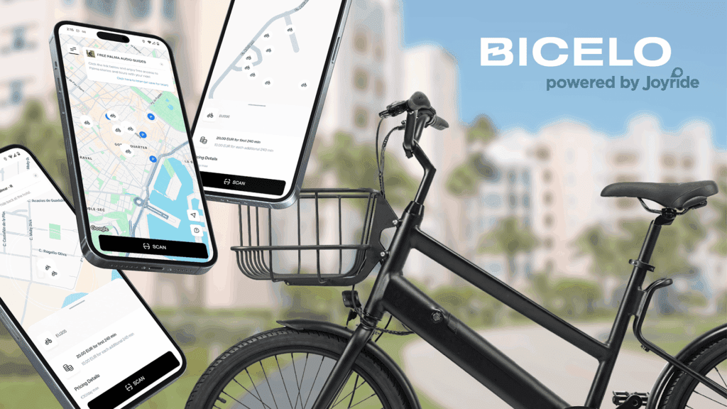 Bicelo bike at hotel with Joyride e-bike rental app on three iphones