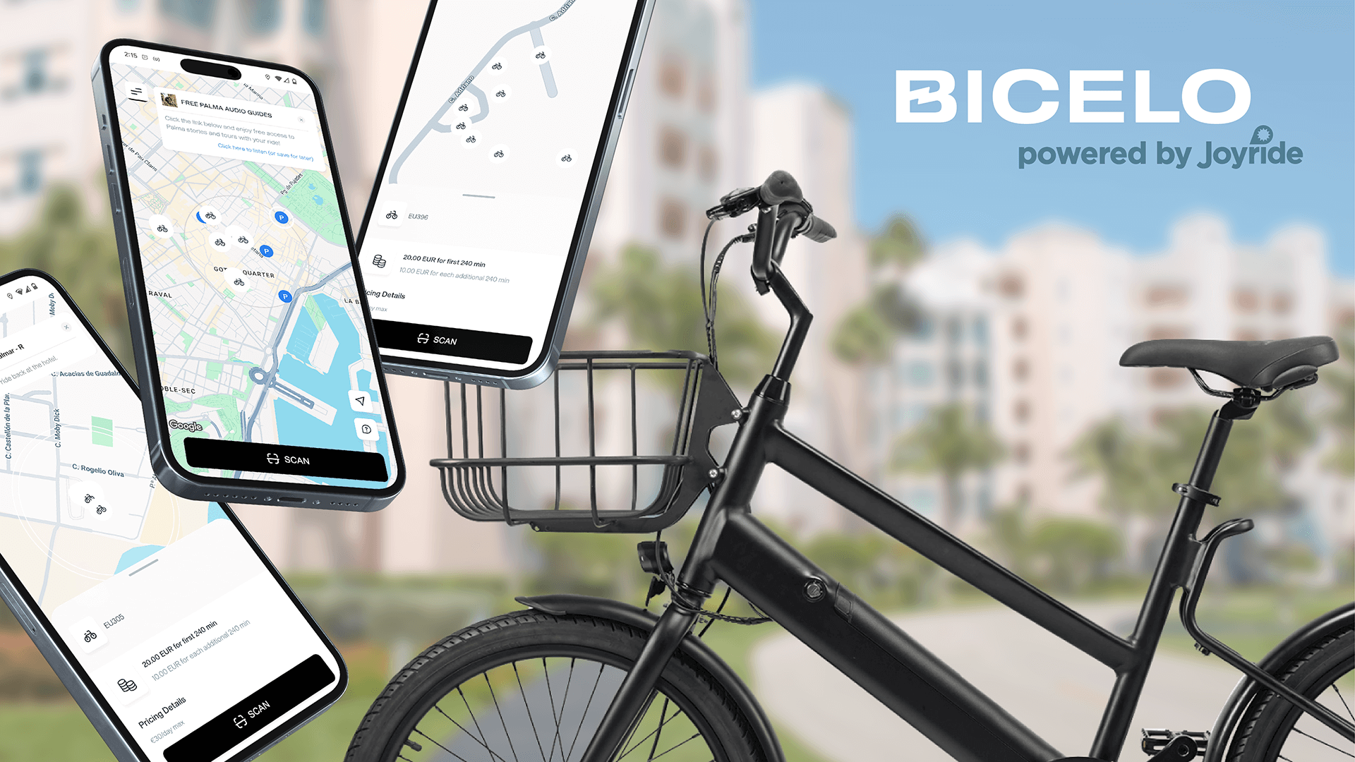 Bicelo bike at hotel with Joyride e-bike rental app on three iphones