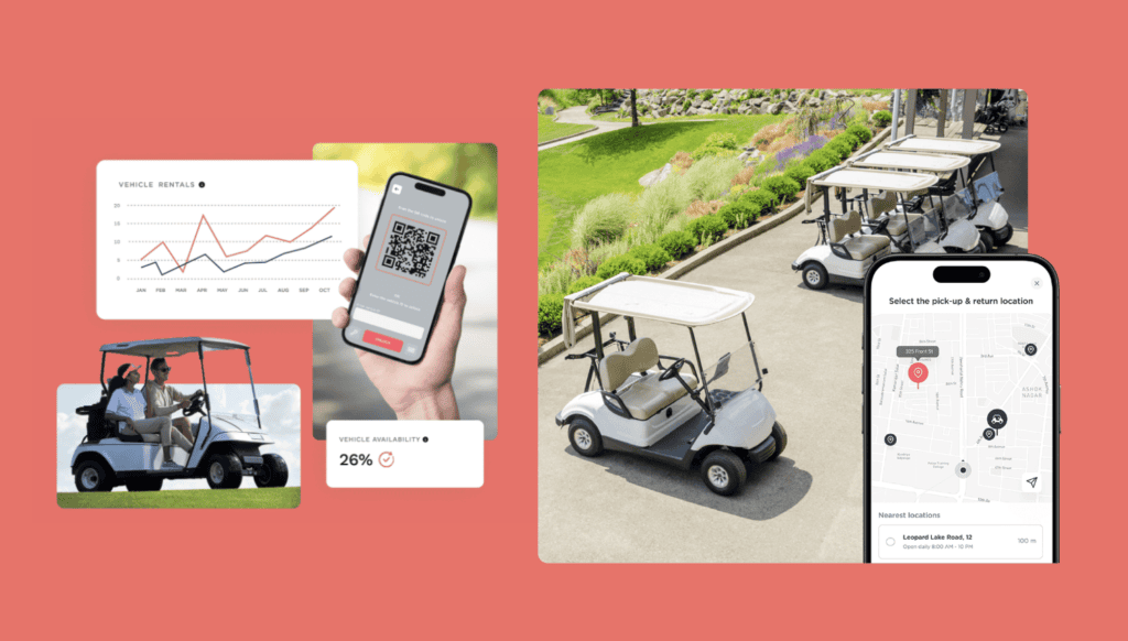 Golf carts lined up at a course with GPS tracking icons overlaid on a mobile dashboard